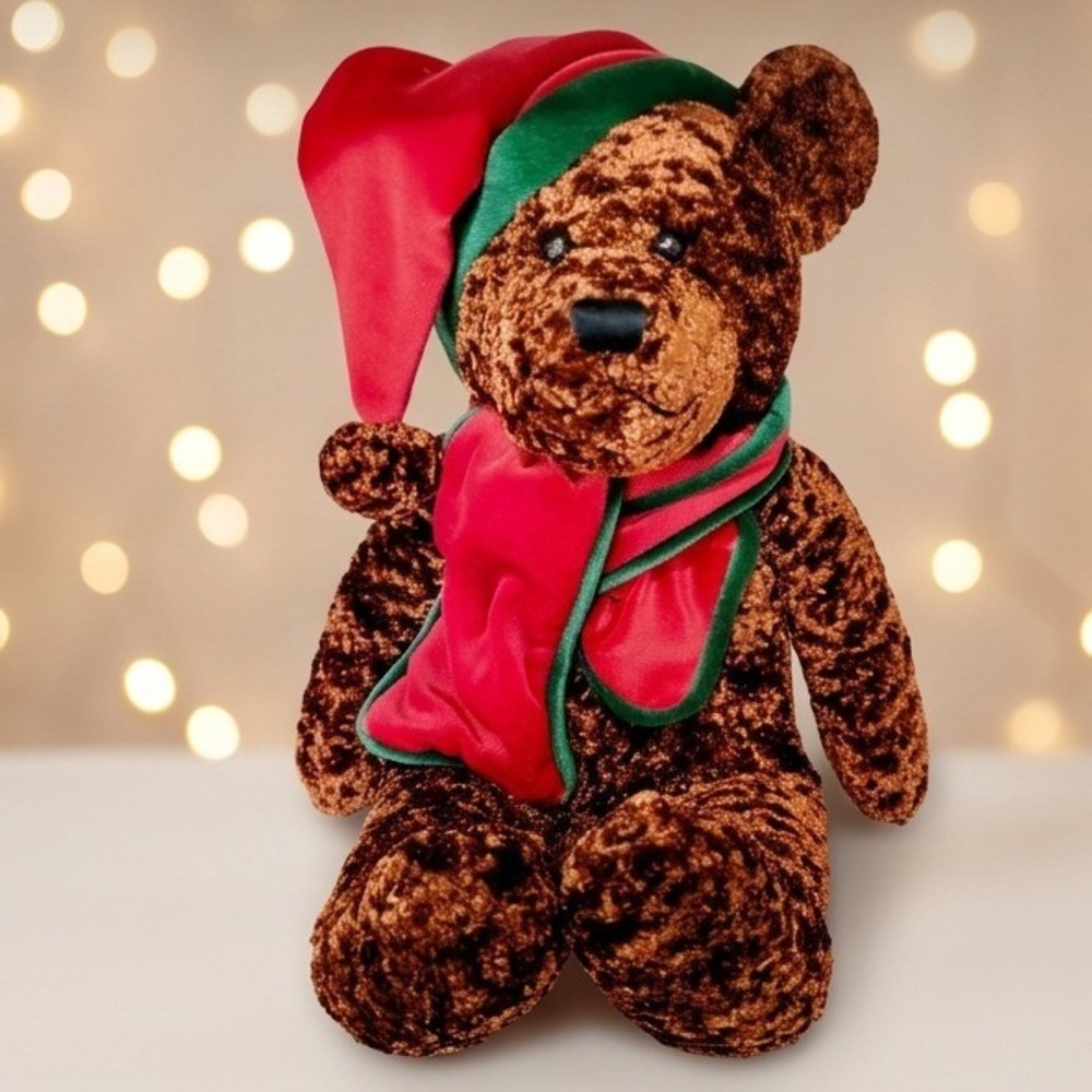 Vintage TB Trading Co Brown Christmas Teddy Bear 18 Inch Santa Hat‎ Scarf Plush